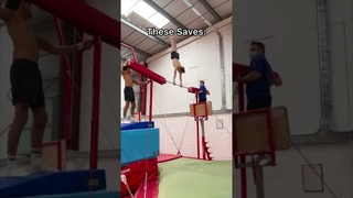 Too many crazy spotter saves out there😳 #flips #flipfail #gymnastics #trampoline #fails #sports