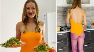 Lera prepares spaghetti with shrimps