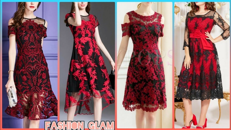 Gorgeous Red And Black Combination Lace Trim Womens Evening Party Wear Dresses